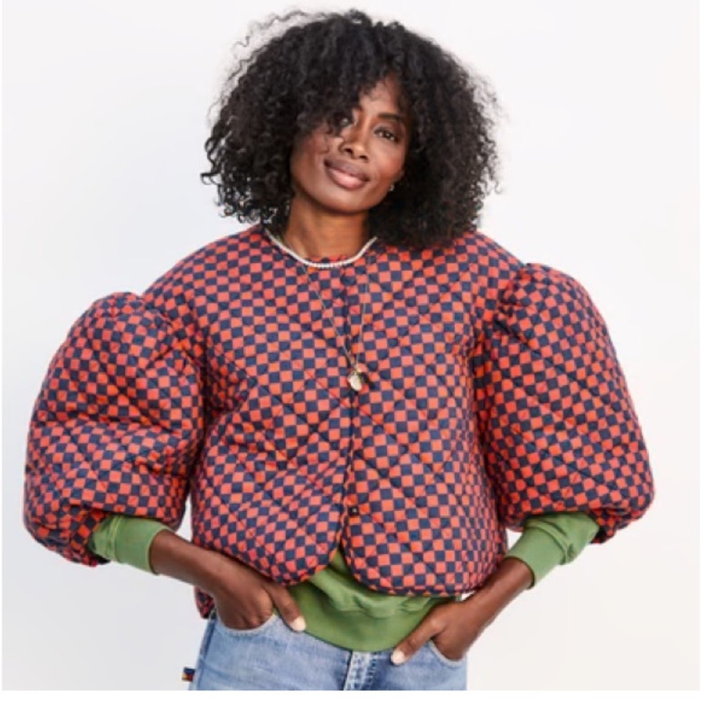 Clare V Red and Black Check Puff Sleeve Jacket *runs large* - Picture 2 of 6